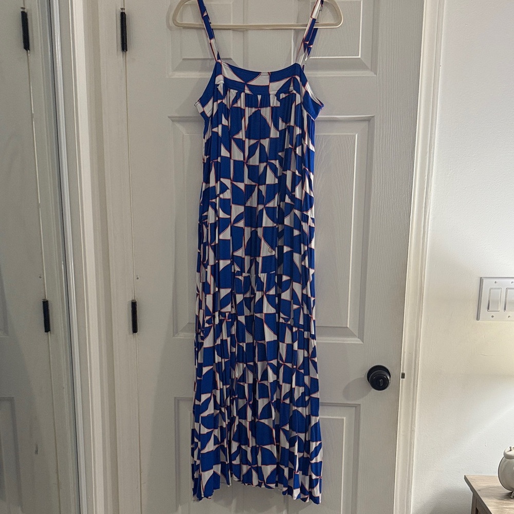 Chic Blue, White Orange Geometric Flowy Midi Dress Size M